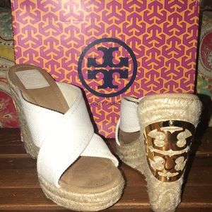 White canvas Tory Burch Wedges